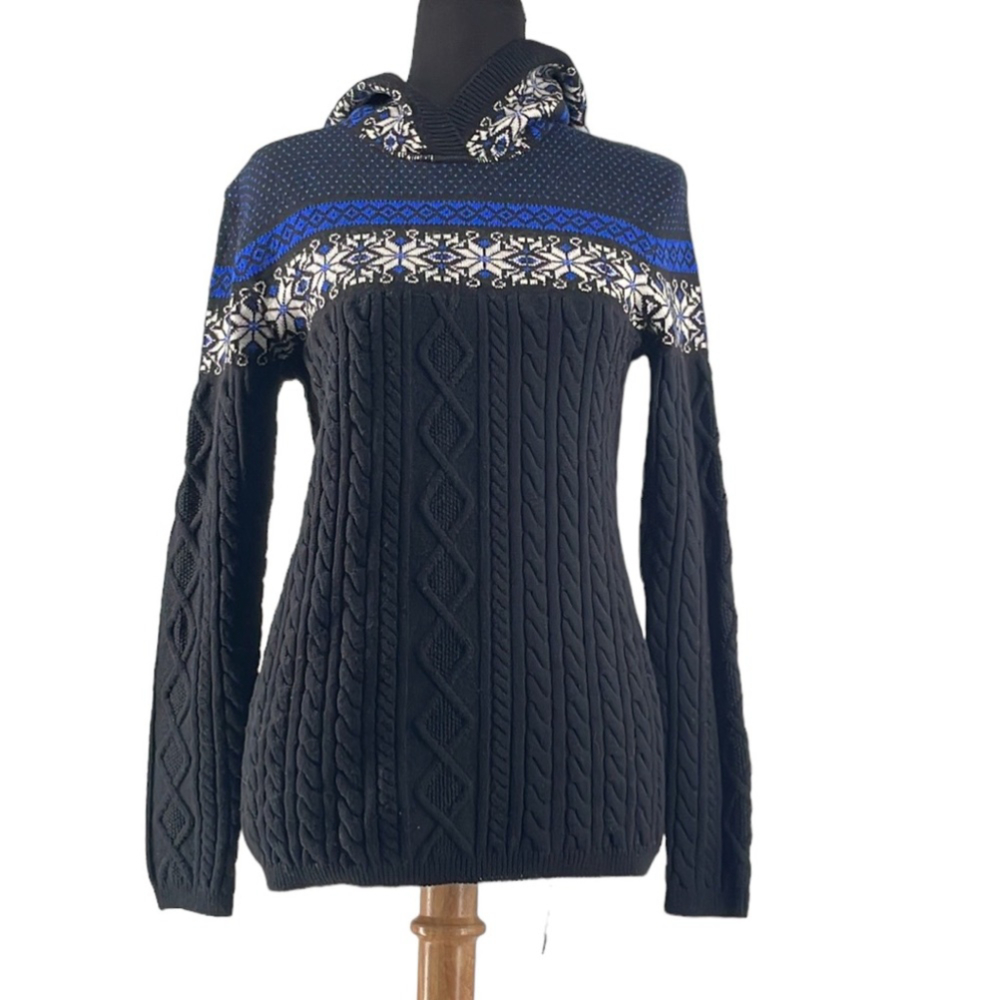 Escada Sport 100% wool sweater hoodie cable knit fair isle Christmas sz M